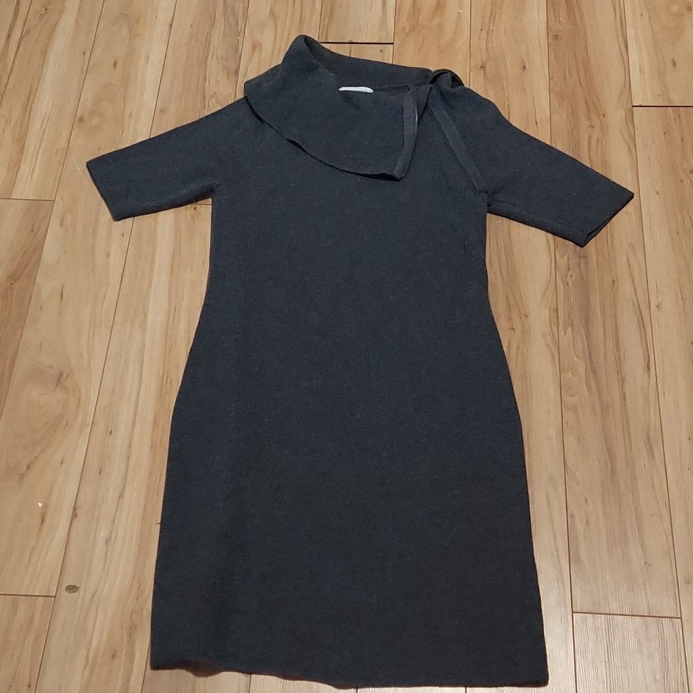 Liz Claiborne gray sweater midi dress shoulder zip cowl neck